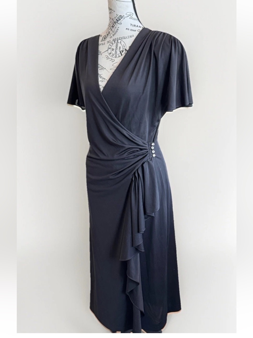 Vintage 80s Jody Of California Black Rhinestone Wrap Cocktail Glam Dress 9/10